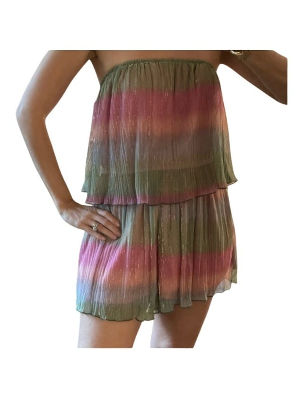 Morgan Claire Strapless Jumper S Rainbow Pleated Ruffle Mini Festive Preppy